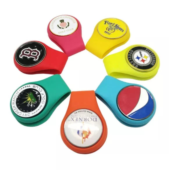 Silicone golf hat clip ball marker holder in vibrant colours