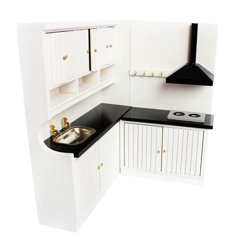 Dollhouse kitchen cabinets two-piece set with working doors and metal handles, European-style birch wood construction in white colour, sink cabinet measures 16.7 x 4.5 x 18.3 cm and stove cabinet 11 x 4.5 x 18.3 cm, includes carrying box for storage.