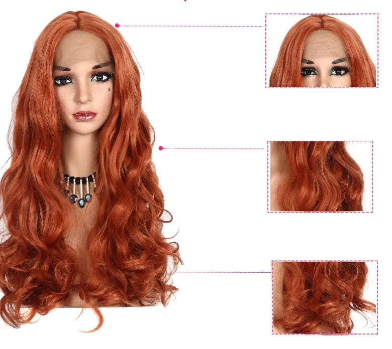 Golden brown medium long curly wig with natural matte hairline and 26-inch length