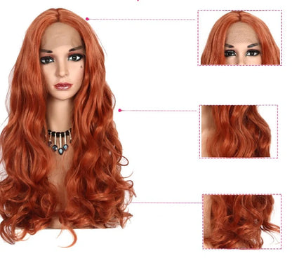 Golden brown medium long curly wig with natural matte hairline and 26-inch length