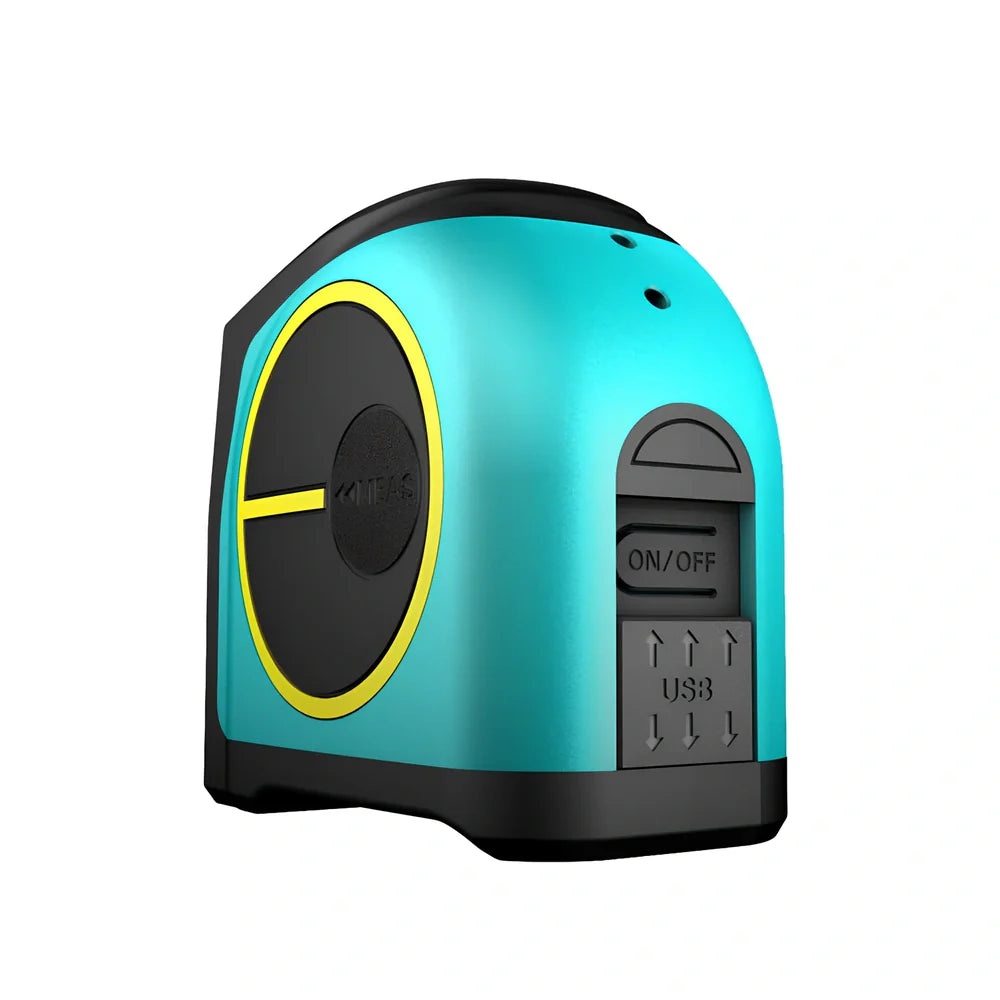 2-in-1 laser and tape measure tool with magnetic hook showing extended blade and laser measurement display