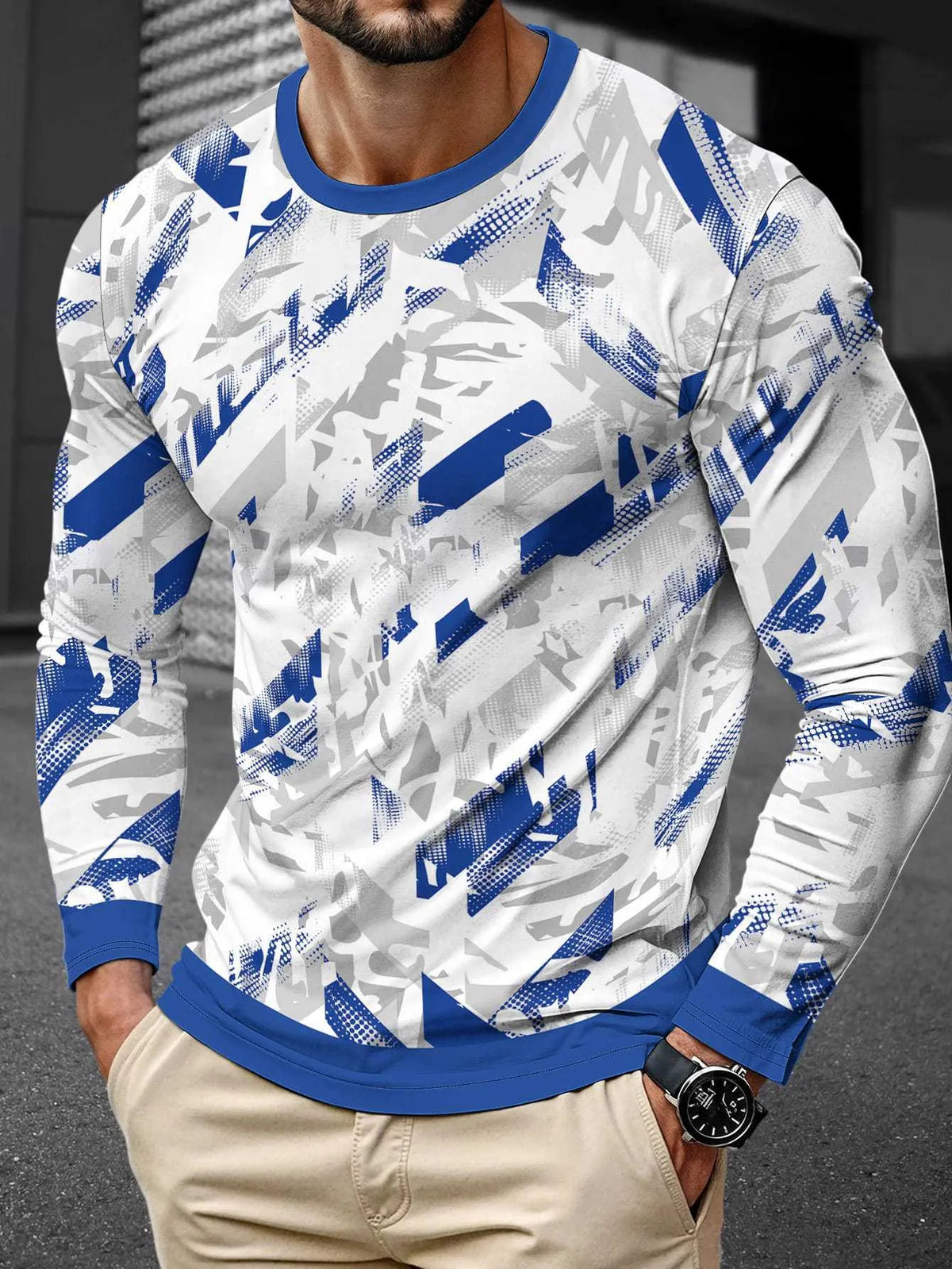 Man wearing a long sleeve milk silk pullover in a round neck, Young Casual style.