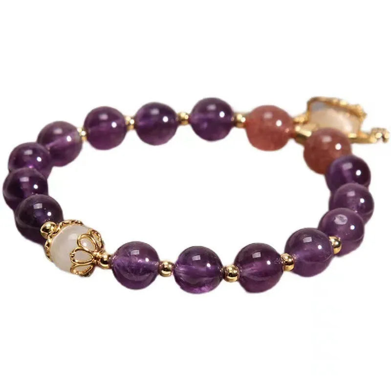 Copper longevity lock bracelet for women with drop-shaped charm, Ruyi and safety lock symbols.