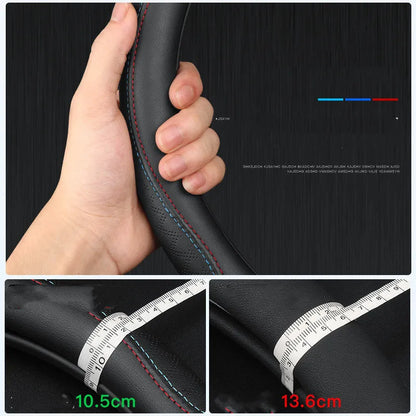 Black universal car steering wheel cover with a Napa leather texture and a two-colour line design, showing a 38cm diameter.
