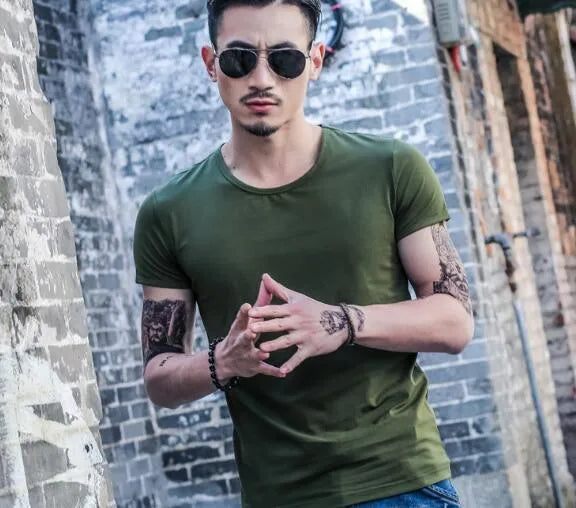 Men's bamboo fibre summer T-shirt shown in multiple colour options on a grey background.