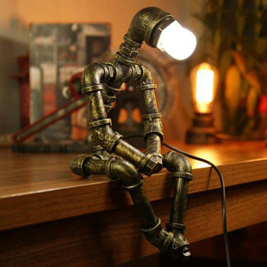 Vintage Industrial Iron Pipe LED Table Lamp with Warm Green Bronze Finish