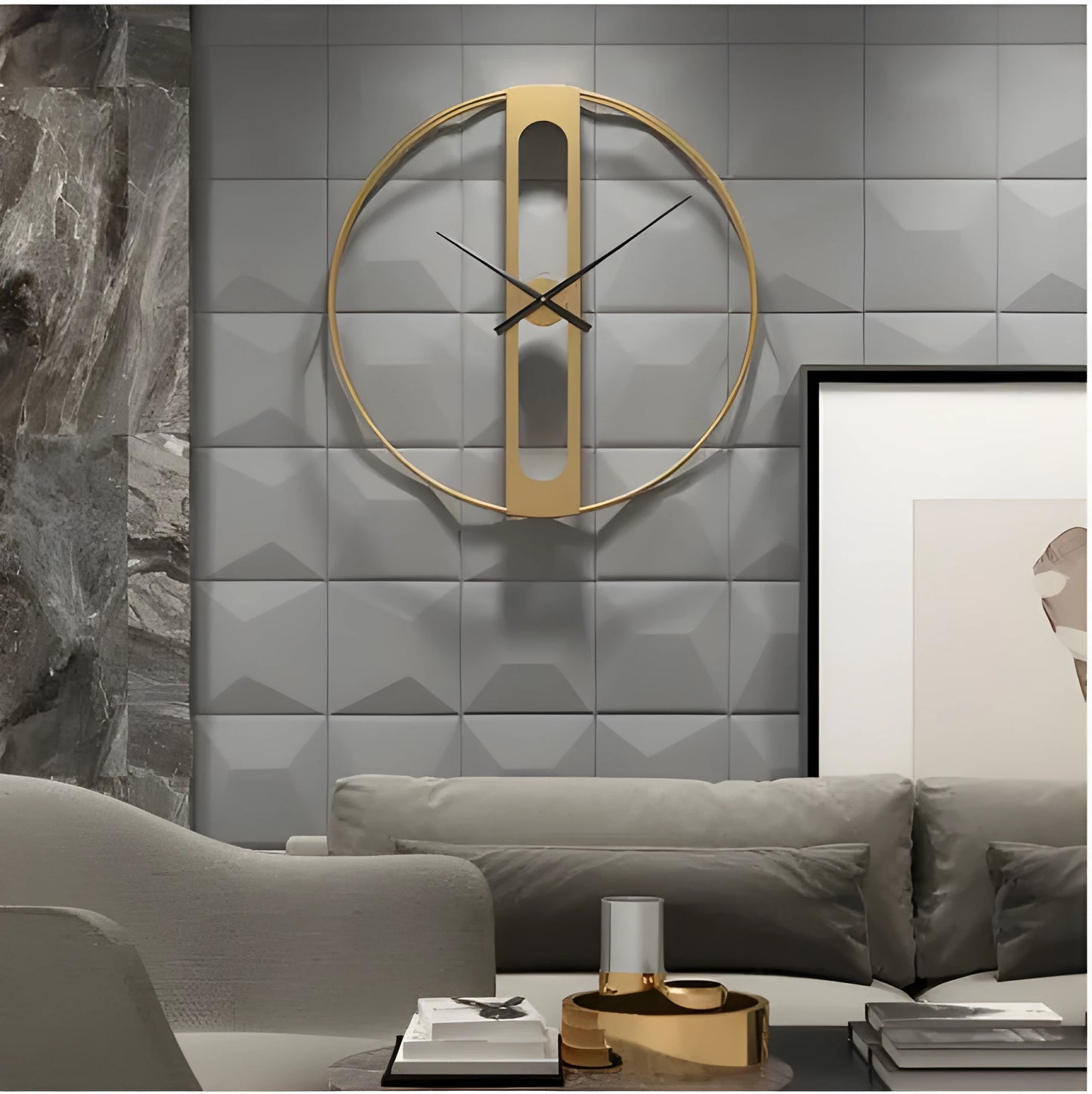 Large round metal wall clock with black finish showing analogue dial, 50cm in diameter.