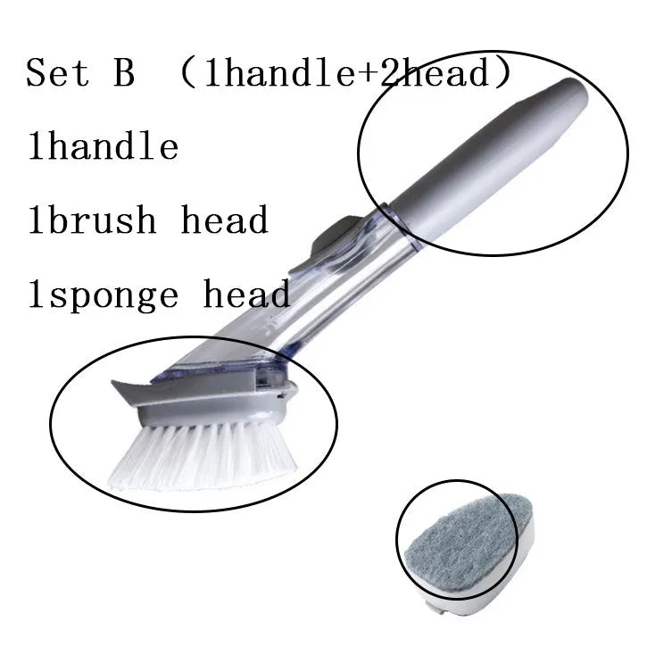 Long-handled 2-in-1 kitchen cleaning brush with removable brush head and integrated sponge