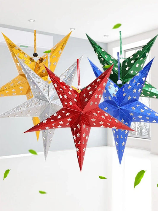 Gold five-pointed Christmas star ornament, 45cm height in thickened laser cardboard for holiday displays