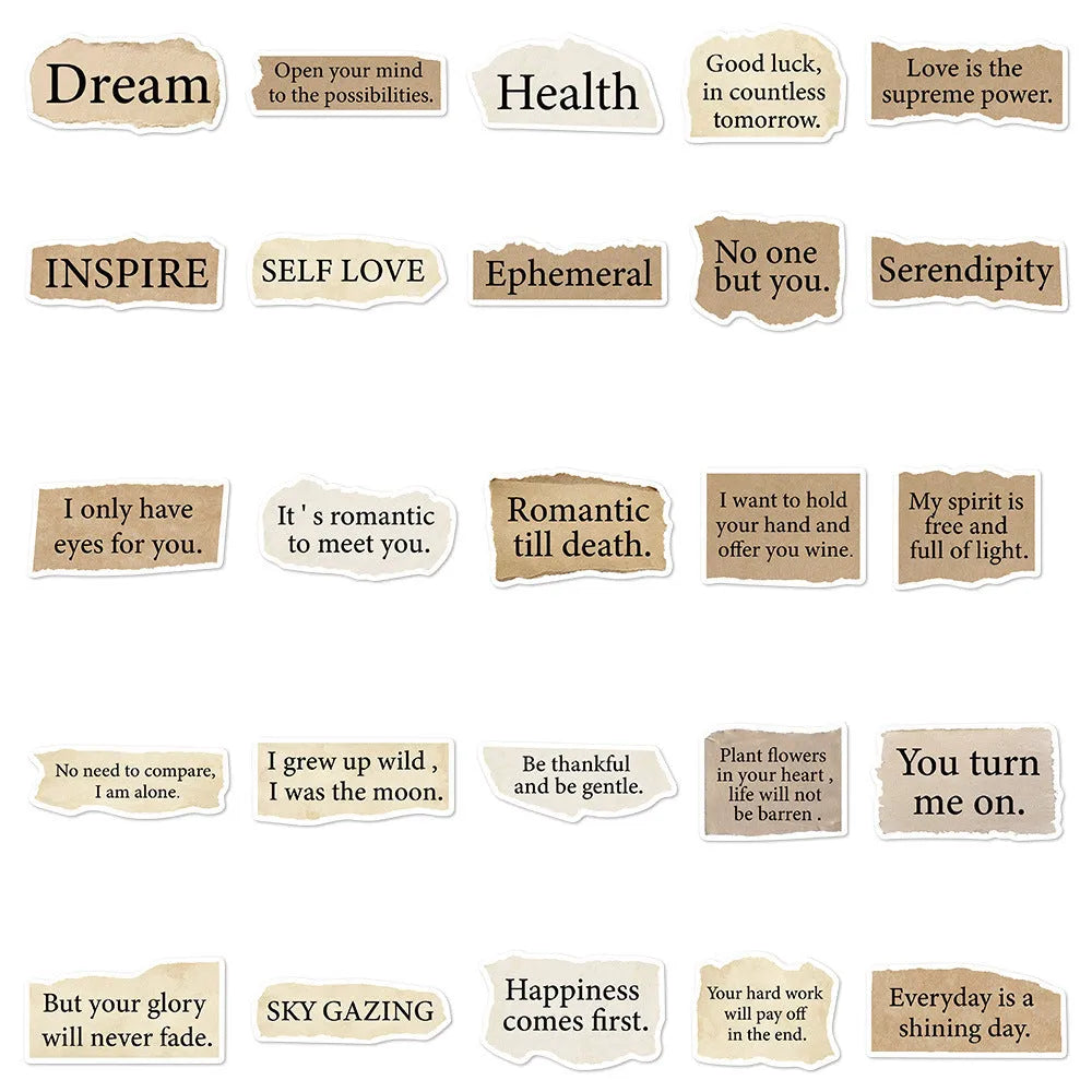25 torn English text decorative stickers on PVC material with matte and bright film finishes, each measuring 4-7cm