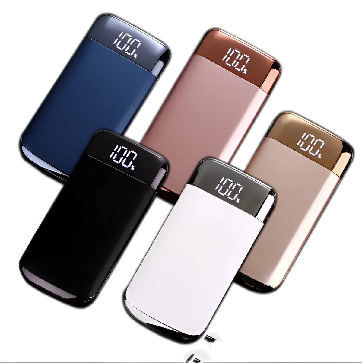 Square aluminium power bank with digital display and multiple USB ports in pink colour.