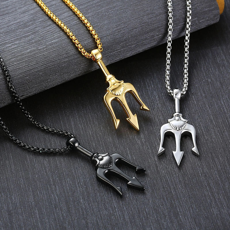 Neptune's Trident Titanium Steel Pendant Necklace in classic silver, night black, and local gold