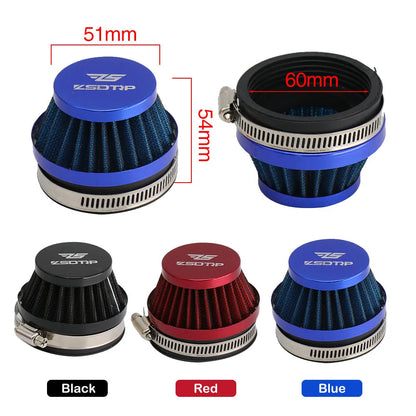Universal motorcycle air filter E-DGT in 48mm, 55mm, and 60mm sizes, available in black, blue, and red