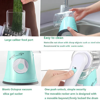 Hand drum rotary grater with stainless steel blades for vegetable preparation