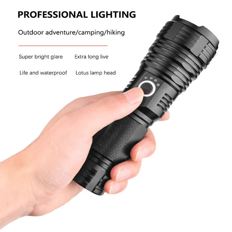 P70 outdoor flashlight with XHP70 LED, micro USB charging, telescopic zoom, and aluminium alloy body