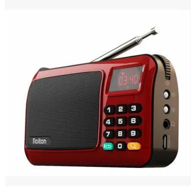 Rolton W405 portable FM radio MP3 speaker in gold, blue, or red with LED screen and carrying strap
