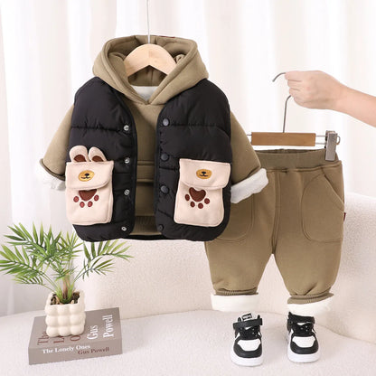 Boys' cotton three-piece suit with fleece lining, hooded top, trousers and vest in beige khaki or green black