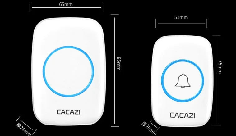 Wireless doorbell button and plug-in chime unit with 300m range, shown in silver finish.