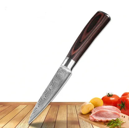 Professional chef knife with laser-etched Damascus pattern on 7Cr17 steel blade and coloured wood handle.