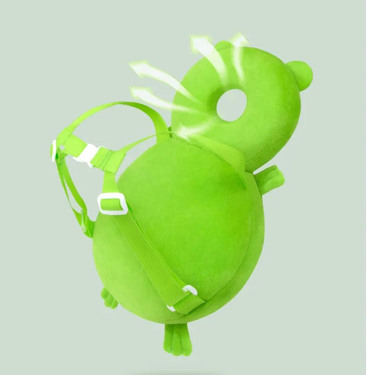 Round baby neck pillow in animal design with elastic straps for anti-fall protection.