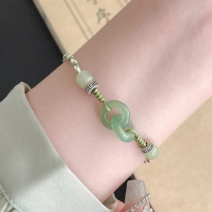 Green jade colour woven women's bracelet with a copper peace buckle and double ring design