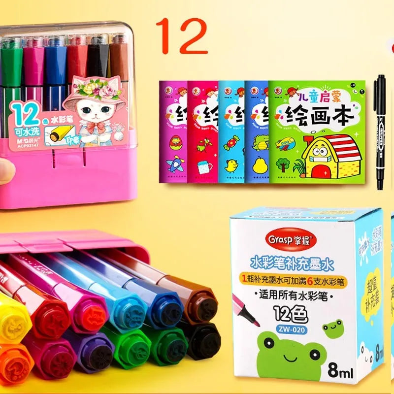 Safe non-toxic washable painting brush set with hexagonal rods in blue, pink or yellow