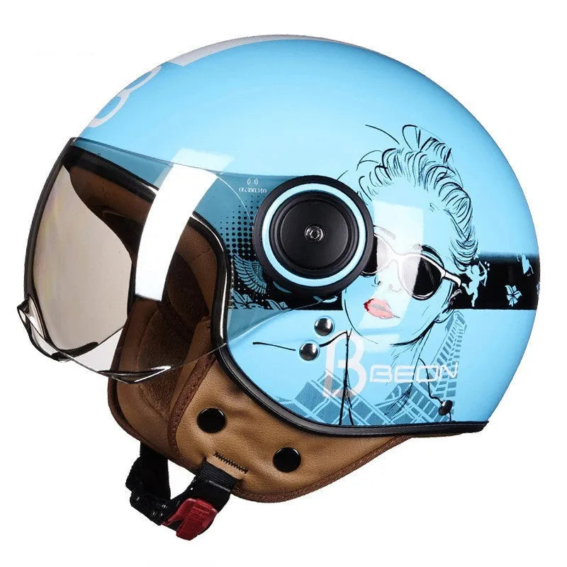 Retro style battery car half helmet in bright two-tone colours with ABS shell