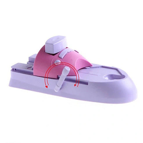 White plastic nail art stamping machine with six stainless steel pattern plates on wooden desk