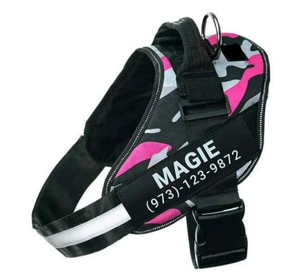 Adjustable reflective nylon dog harness vest with a sturdy handle and chest strap, shown on a size chart.