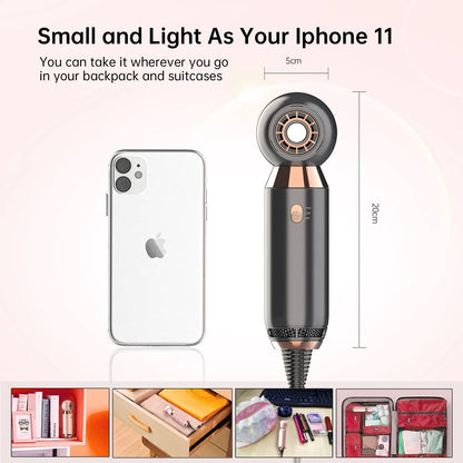 Compact leafless hair dryer with diffuser accessory, measuring 20cm with 800w power and ionic technology