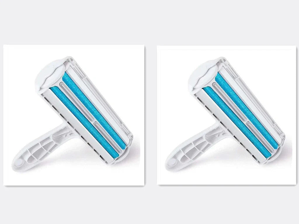 Efficient pet hair remover tool in red and blue for furniture and carpets