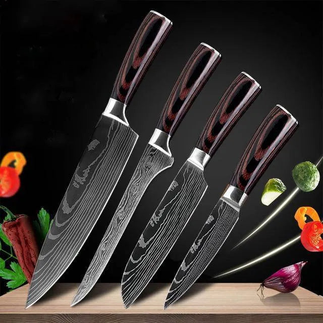Professional chef knife with laser-etched Damascus pattern on 7Cr17 steel blade and coloured wood handle.