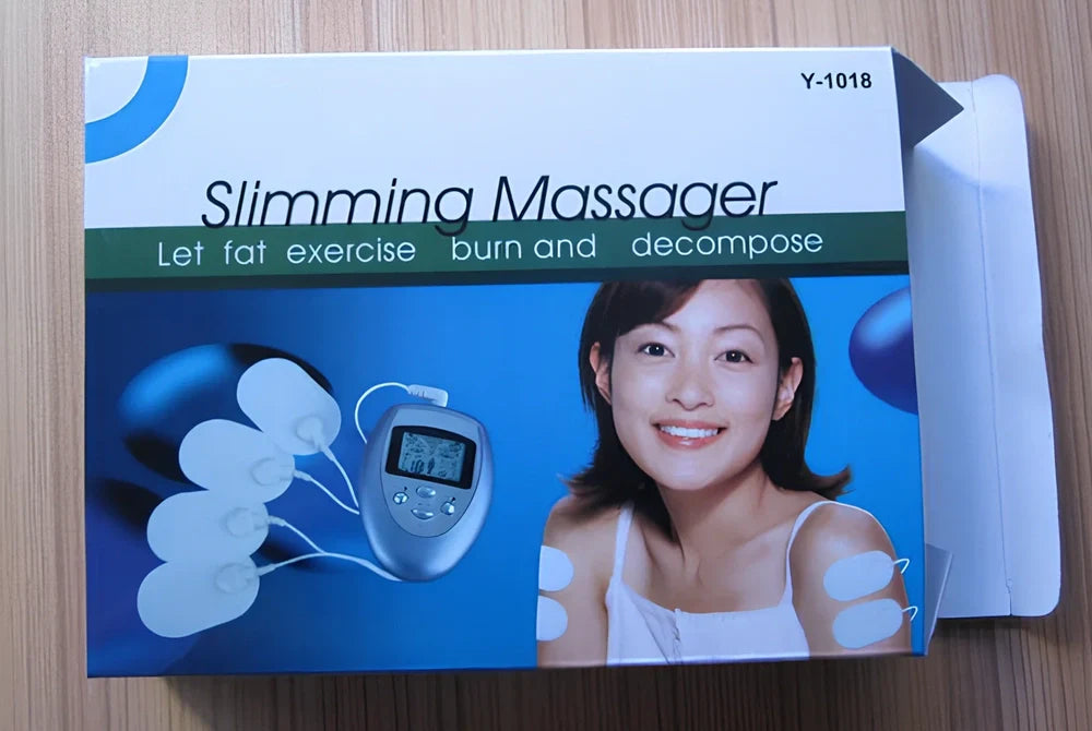 Blue electric muscle stimulator with 4 electrode pads and remote controller showing LED display