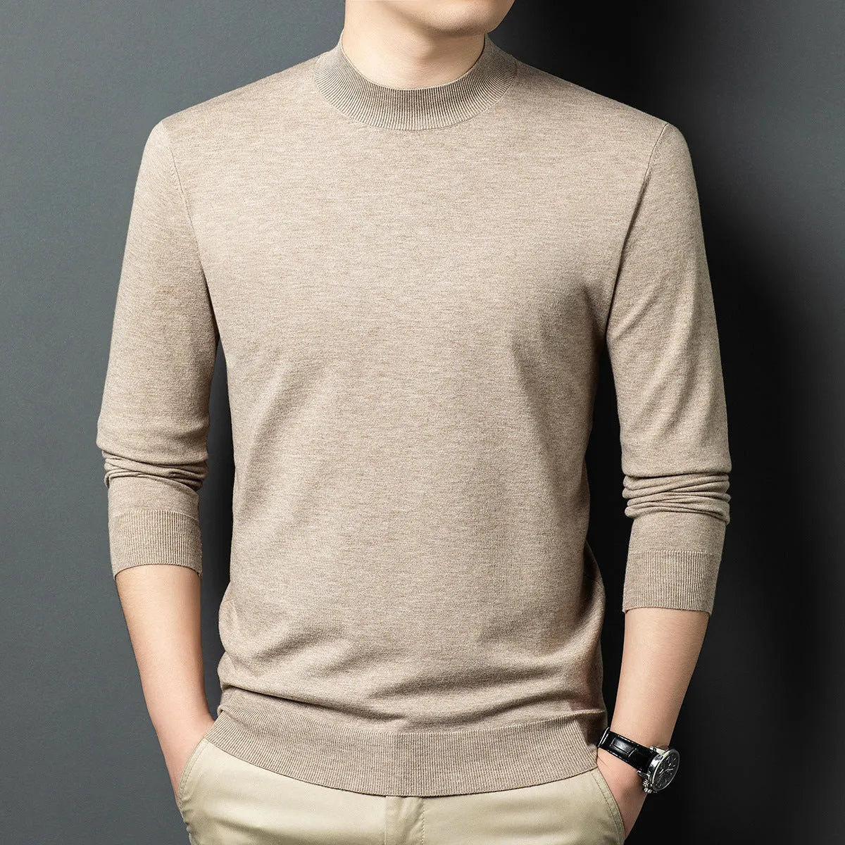 Men's round neck long sleeve pullover sweater in a Mulberry Silk and Wool blend for winter.