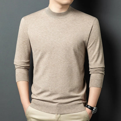 Men's round neck long sleeve pullover sweater in a Mulberry Silk and Wool blend for winter.