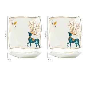 Round porcelain dinner plate with Nordic plant and flower design, flat disk shape, glaze colour finish
