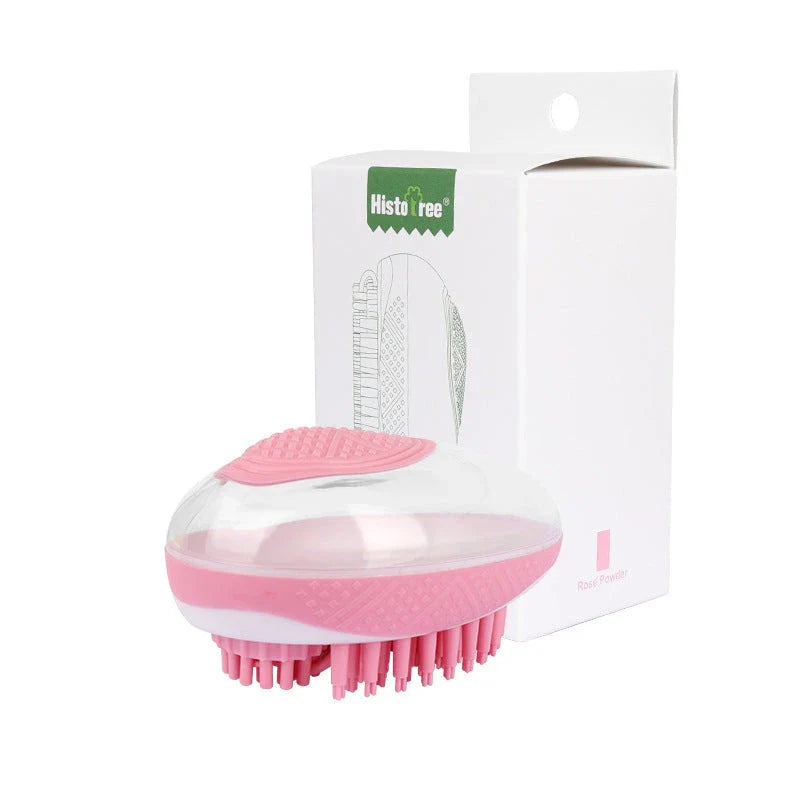 2-in-1 pet grooming brush with soft silicone bristles, shampoo reservoir, and ergonomic grip for bathing and massaging cats and dogs