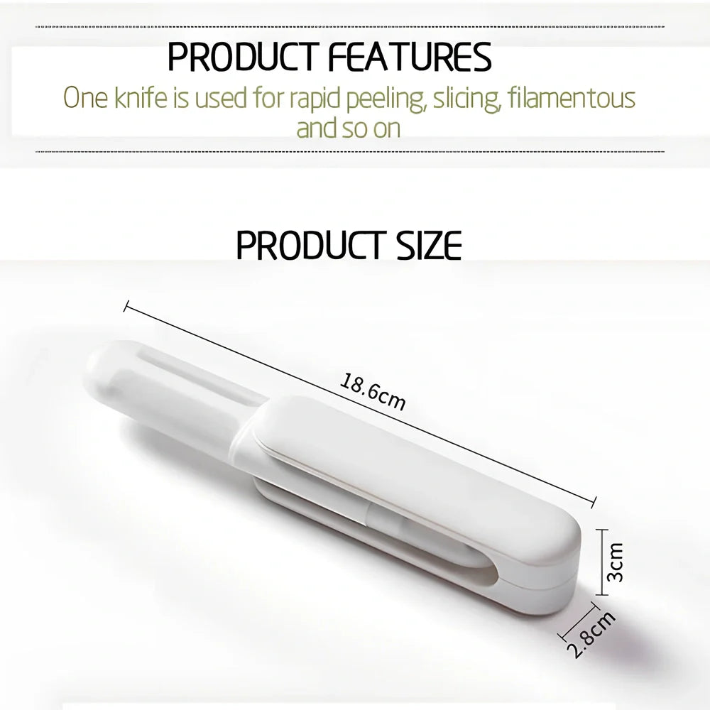 White 3-in-1 rotary paring knife with rotating blades and integrated sharpener for kitchen use