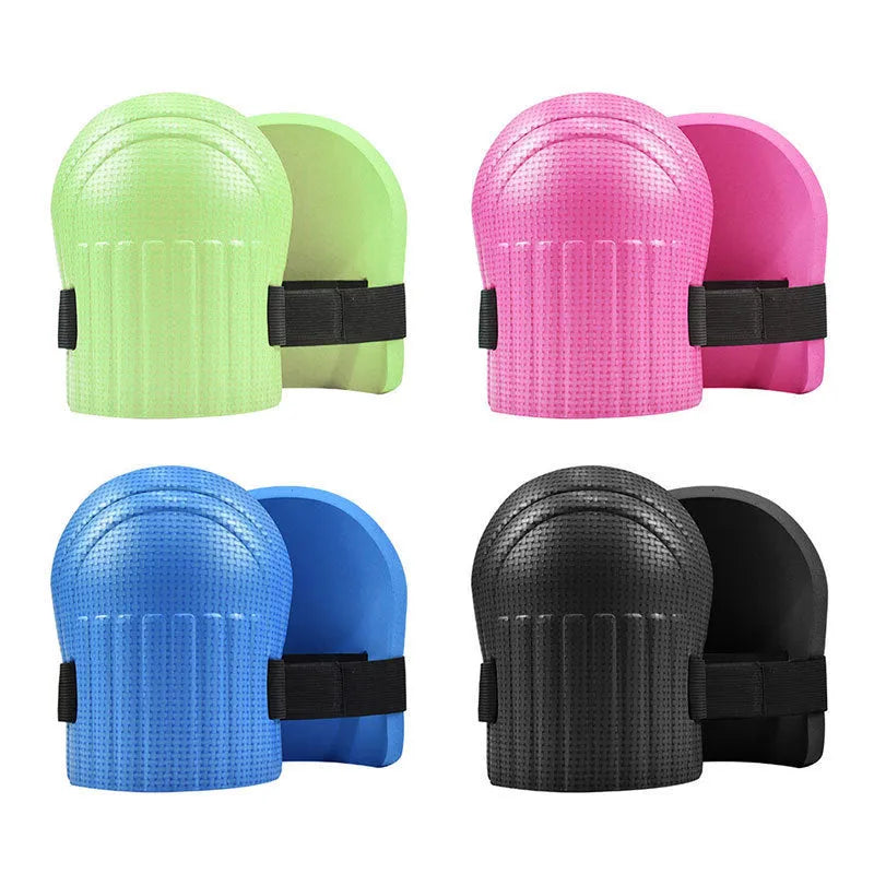 A pair of thick EVA foam kneepads in blue, shown on a tile floor.