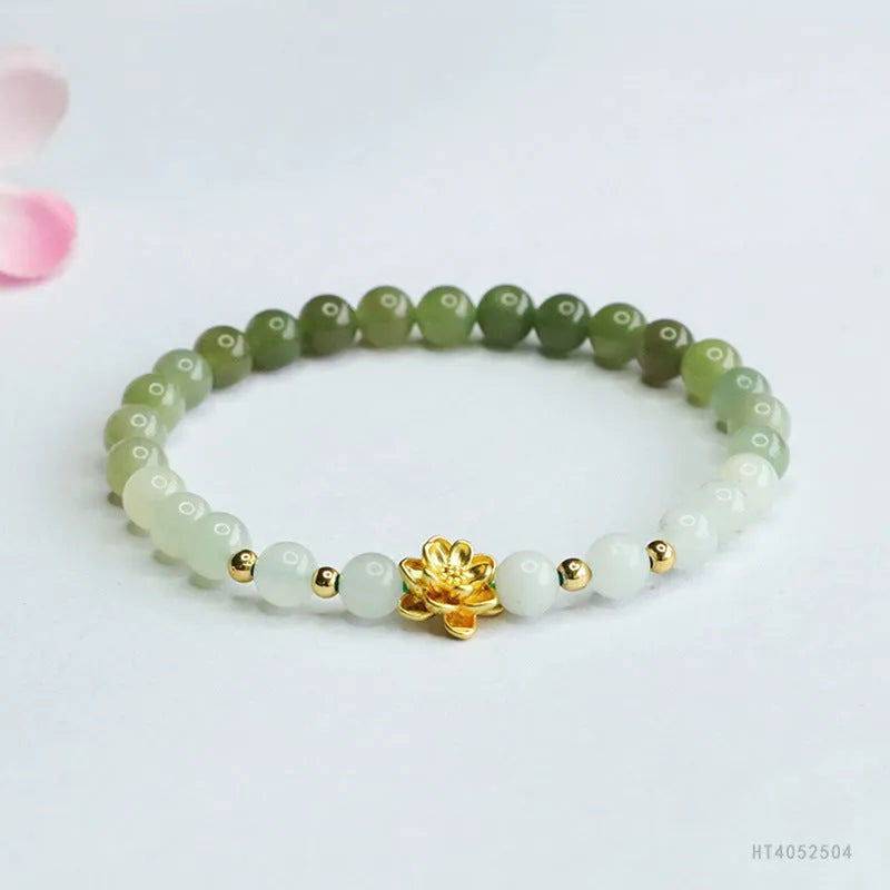 Hand-woven Hetian jade bracelet with sunshine water gradient colour and 6mm flower beads.