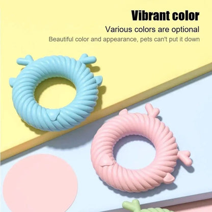 Deer-shaped dog chew toy with spiral grooves in light blue, pink, or green colours