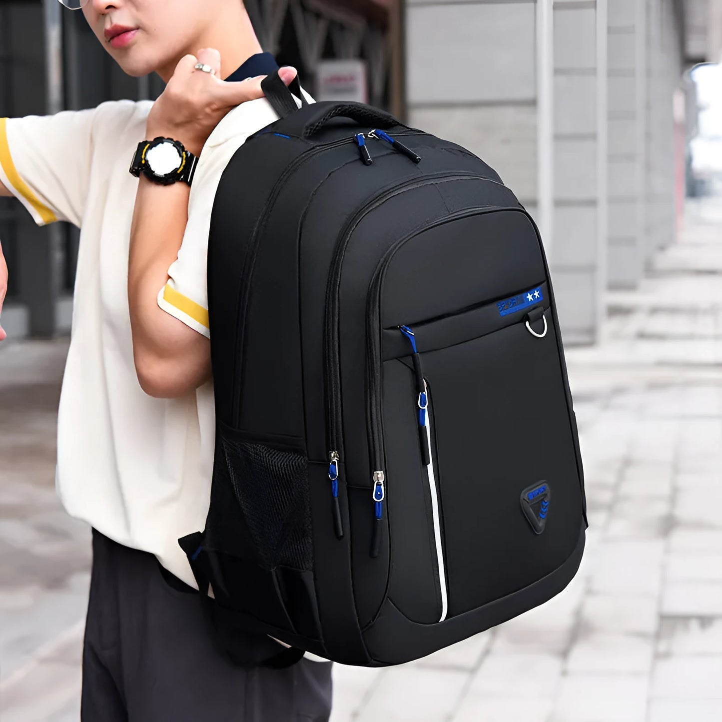 Men's large capacity Oxford cloth schoolbag with air pillow belt system in black colour with letter pattern detail