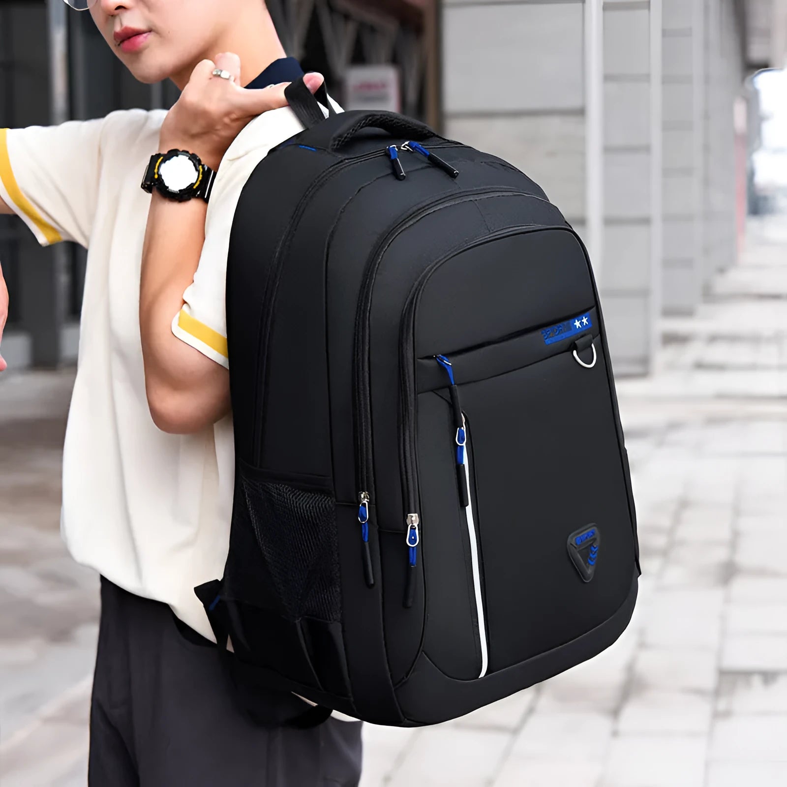 Men's large capacity Oxford cloth schoolbag with air pillow belt system in black colour with letter pattern detail