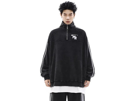 Black stand collar polyester hoodie with long sleeves and Hong Kong style design for sports wear
