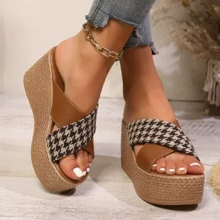 Women's brown leopard plaid wedge sandals with rubber sole on a white background