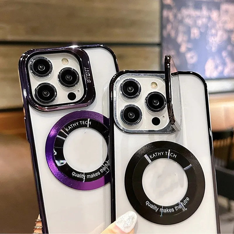 Electroplated magnetic phone case for iPhone models in dark purple, blue, black and silver colour options