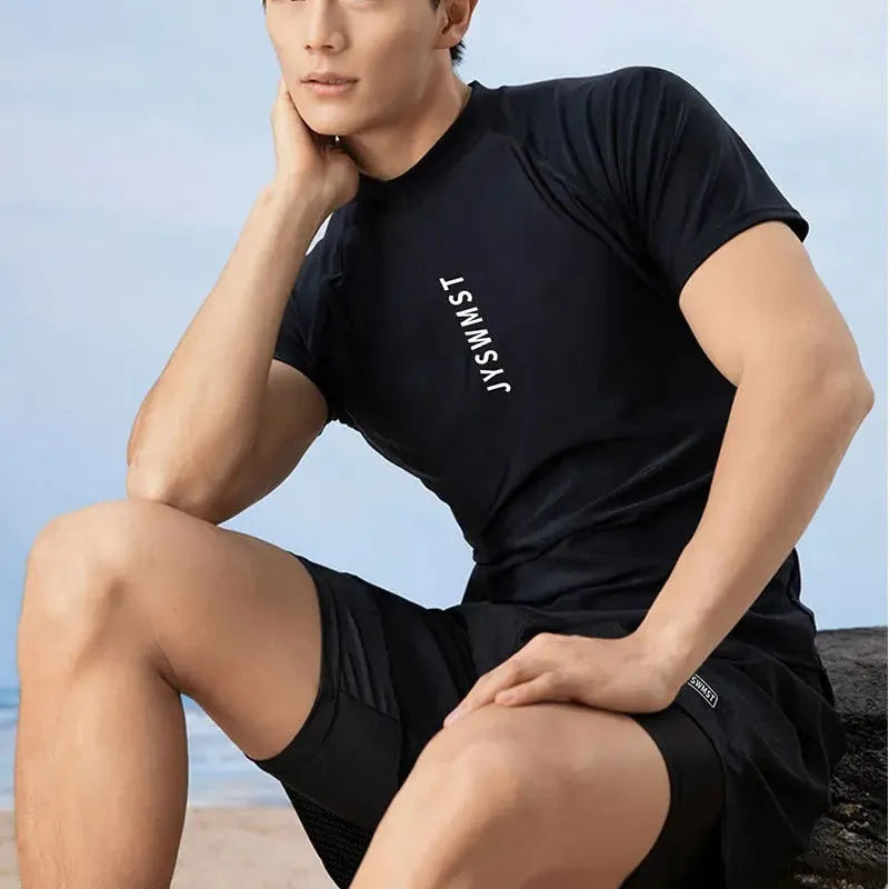 Men's plus size swimming trunks and top set in polyester fabric on a mannequin.