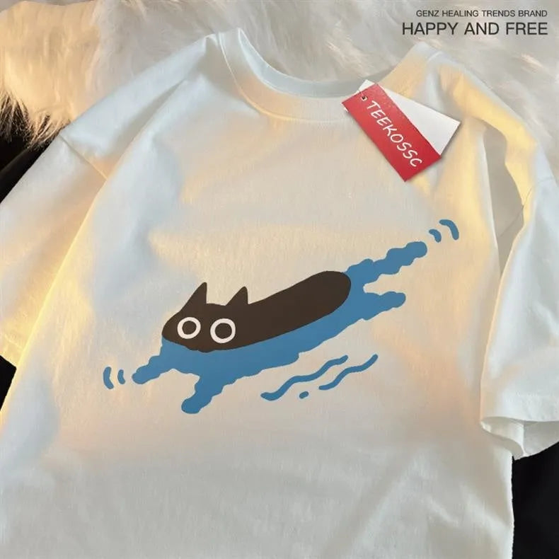 Plus size black cat print cotton t-shirt for diving swimming leisure in multiple colours