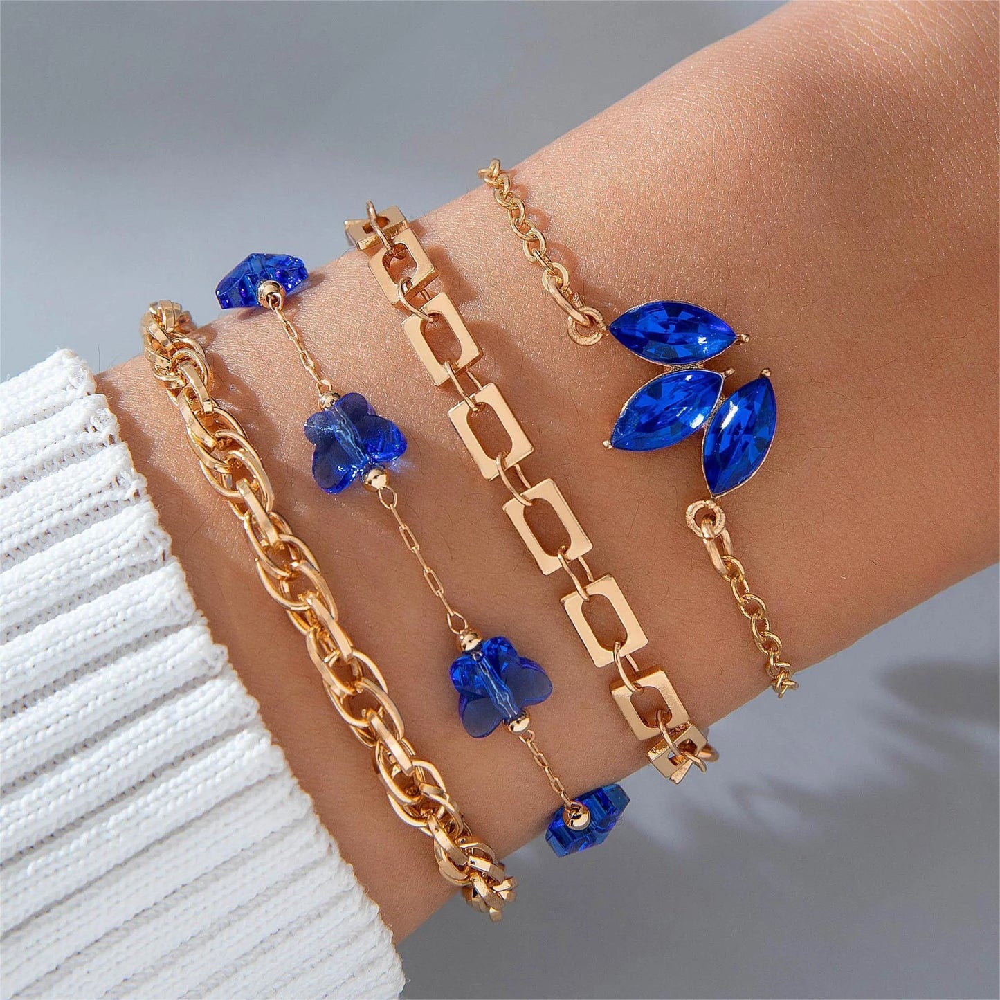4-piece Blue Flower Love Butterfly Bracelet Set with sparkling rhinestones