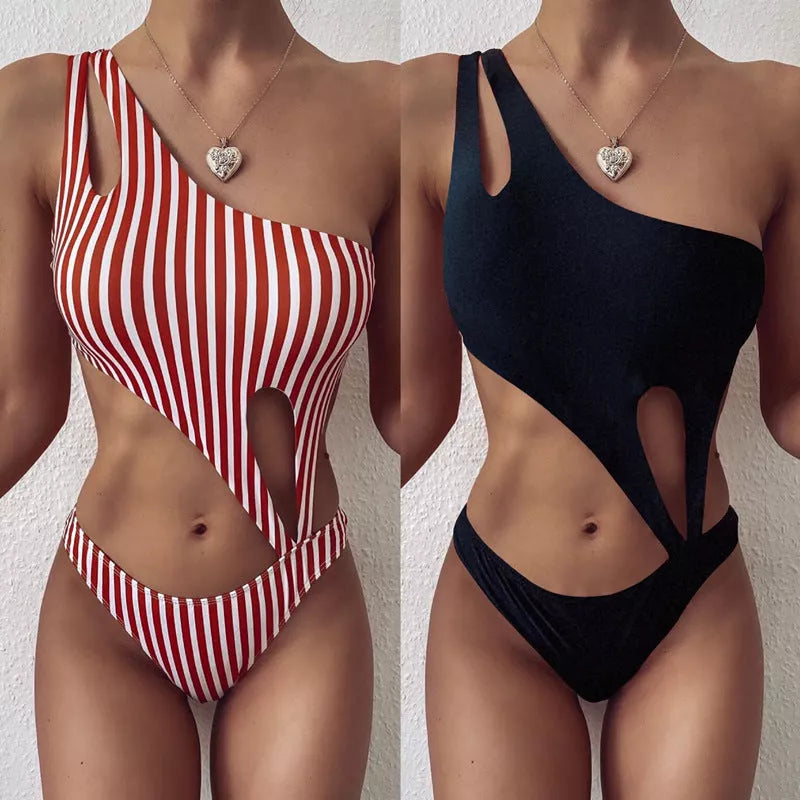 One-piece bikini swimwear for women with chest pad in black and pink